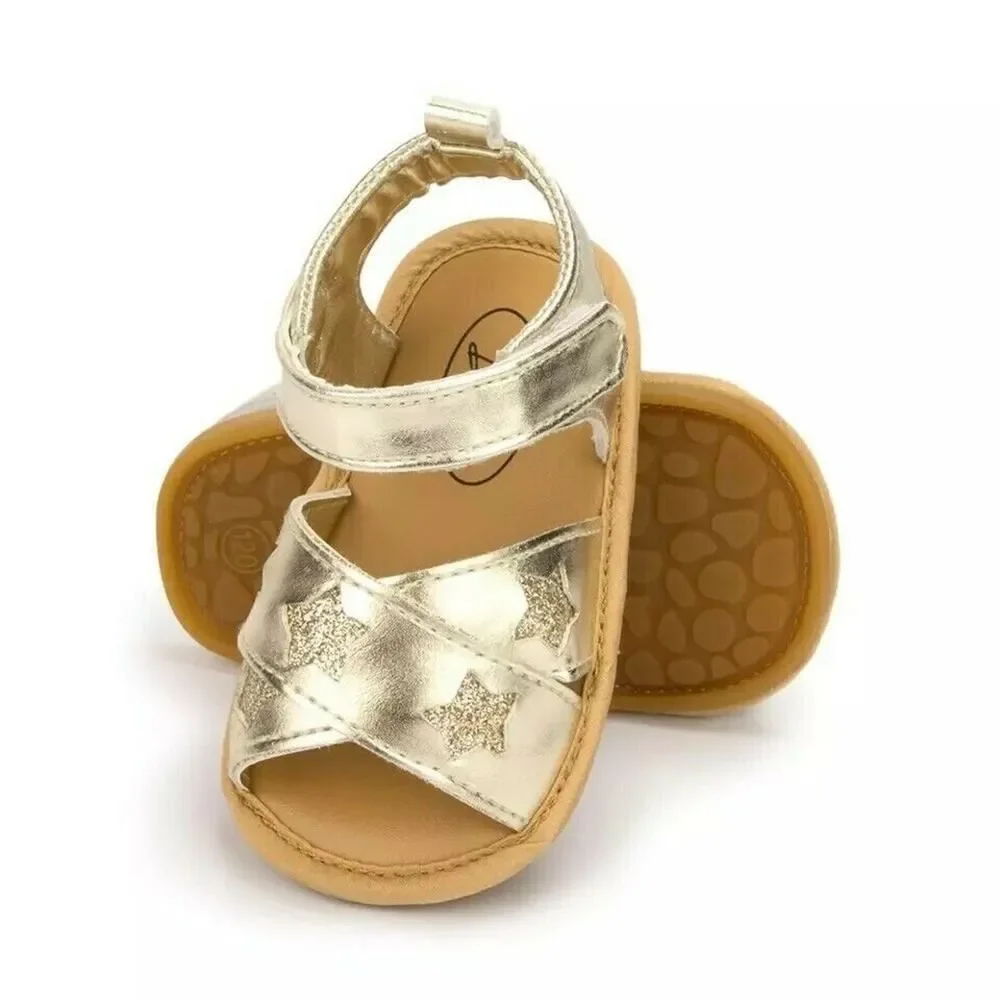 Baby Girl Gold Star Glitter Rubber Sole Sandals Summer Shoes NEW 12-18 Months